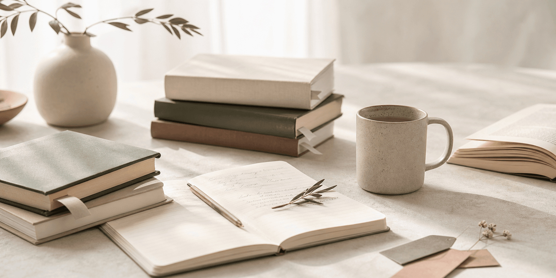 Books, bookmarks, a notebook, and a mug arranged for a calm book club planning session.